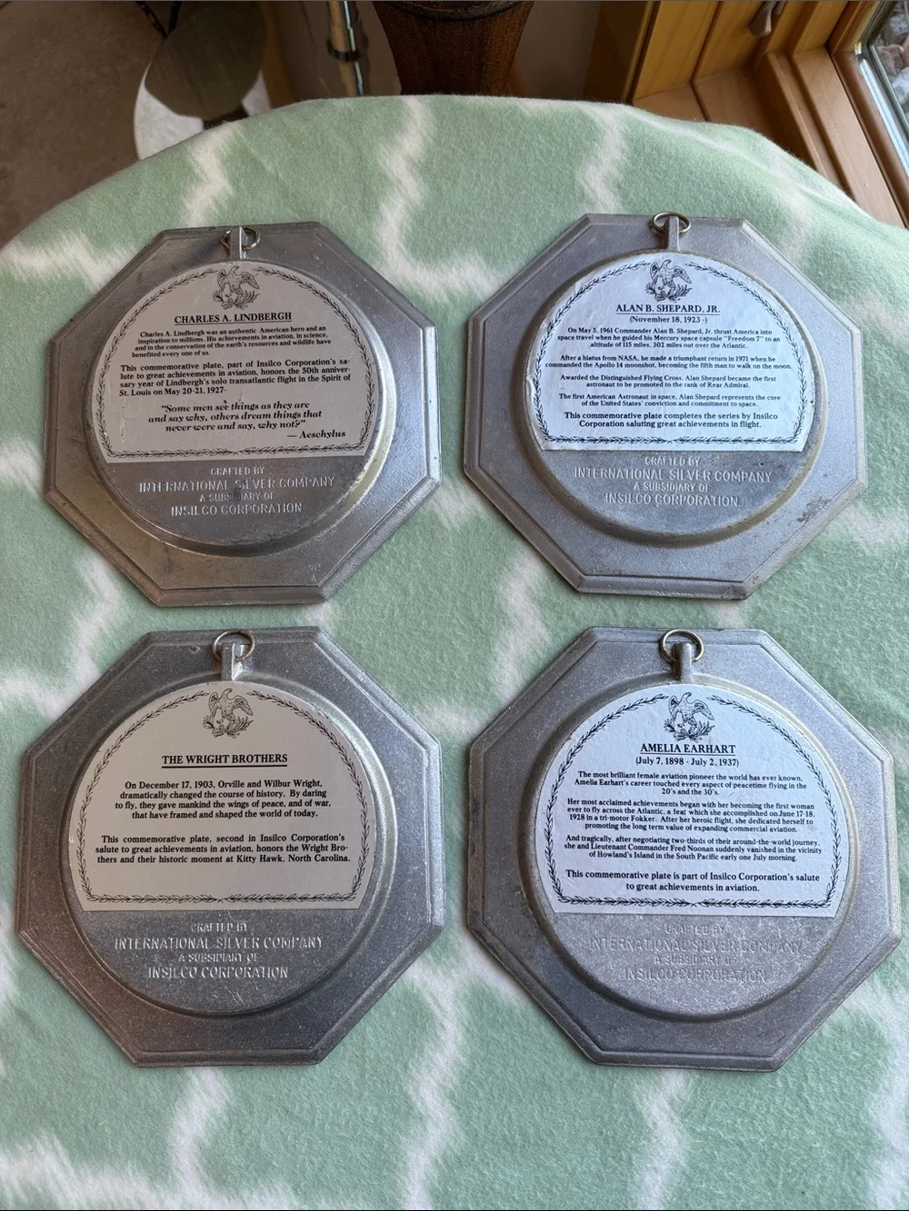 Vintage Set of 4 Octagonal Pewter Commemorative Wall Plates - Aviation Pioneers